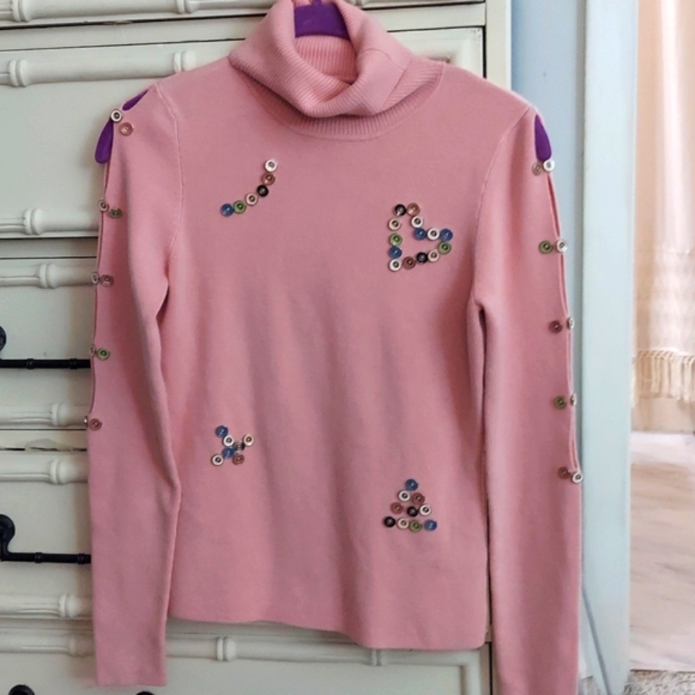 Valentin Kudashkin pink cut out L/S Button knit turtleneck sweater SZ M